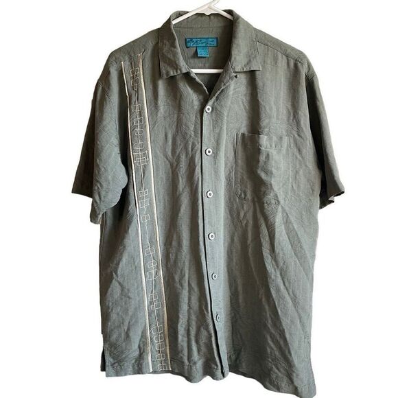 Paradise Blue Mens Luau Camp Button Up Shirt M Sage Green Hawaiian Embroidered - Picture 1 of 7
